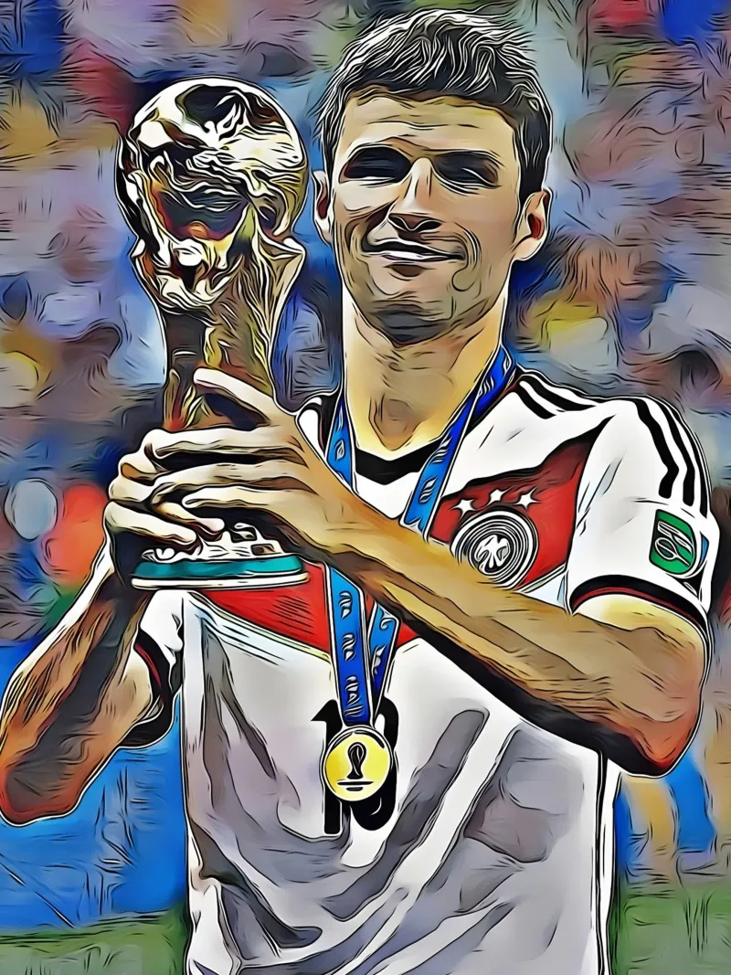Thomas Müller, World Cup Champion, Smiling while Holding the canvas with Floater frame by dark eagle