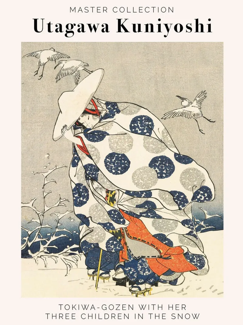 Tokiwa-Gozen con i suoi tre figli sulla neve poster con telaio in plastica da Junior Harrington