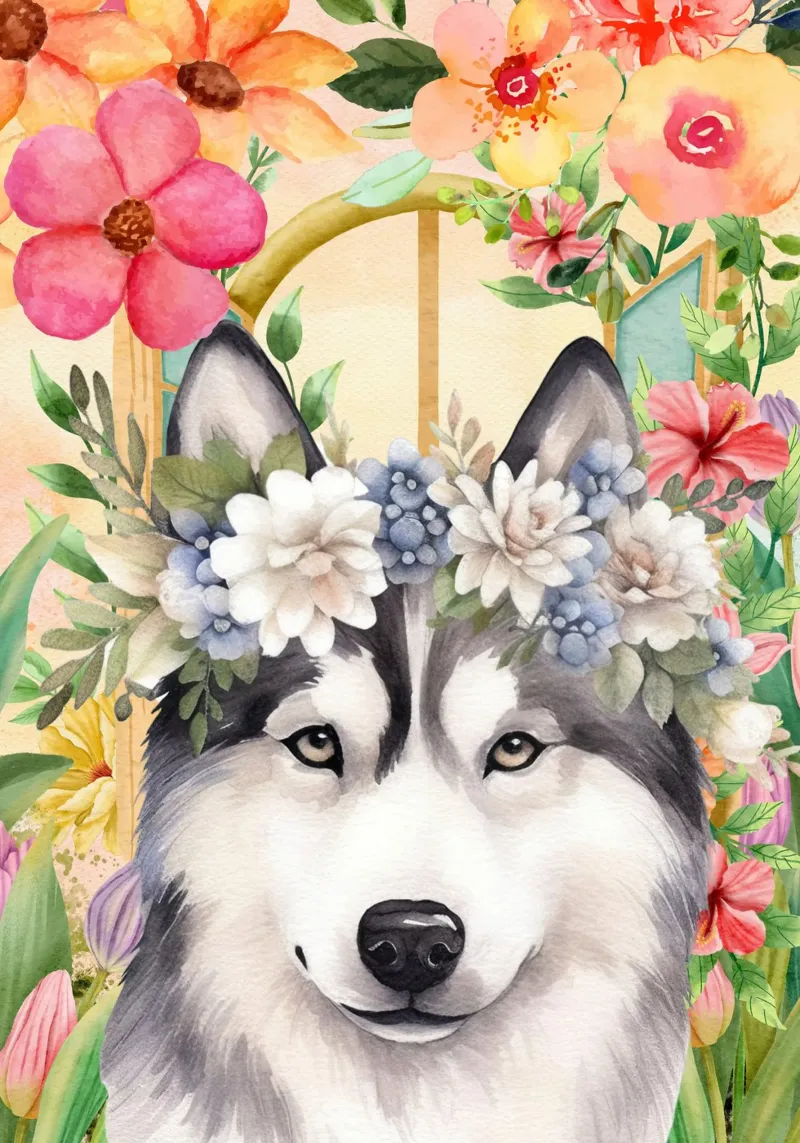 Husky con corona di fiori ritratto ad acquerello poster da Berwies Artwork