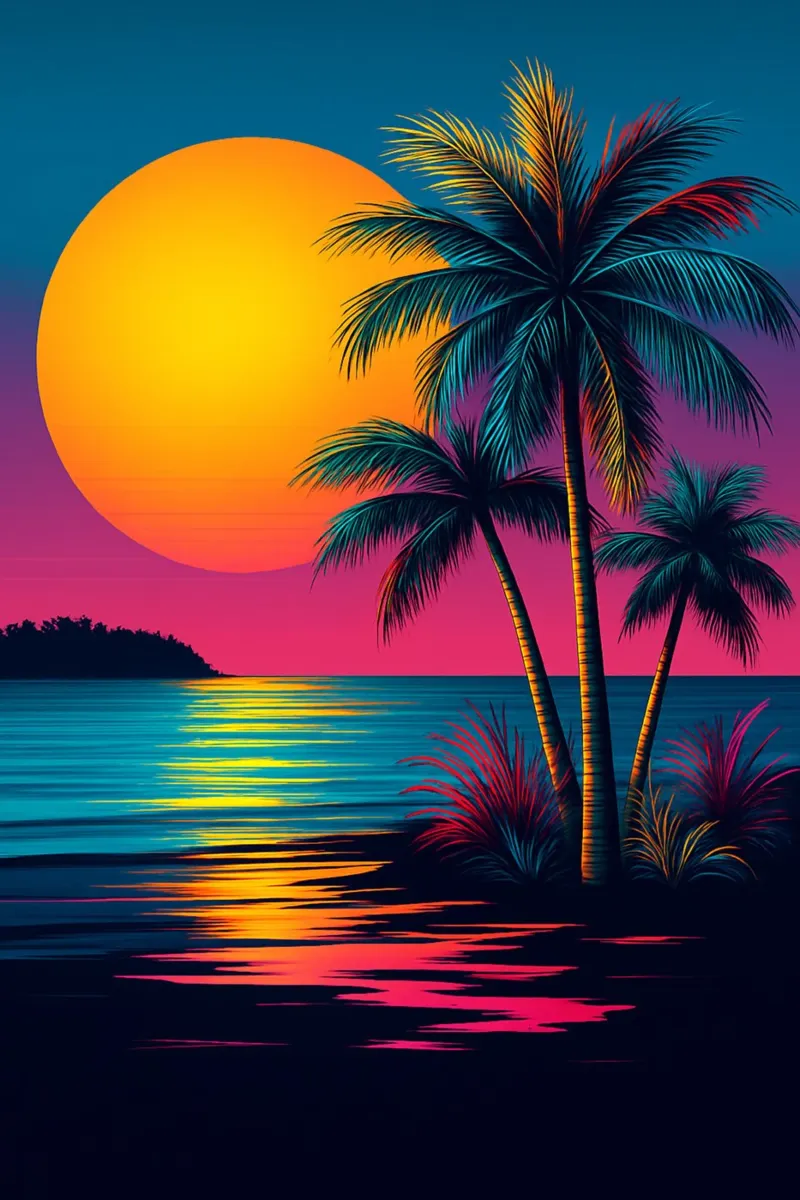 Sereniteit bij zonsondergang: Een neon Palm Beach droomlandschap canvas met Baklijst van Artistic-shop