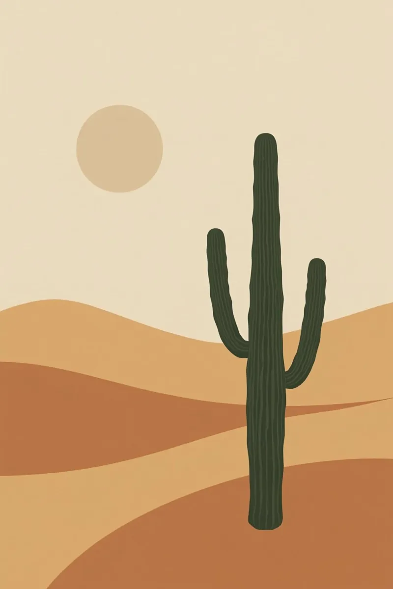 Paesaggio desertico con cactus Saguaro e illustrazione del sole poster con telaio in legno da DesignDoodle