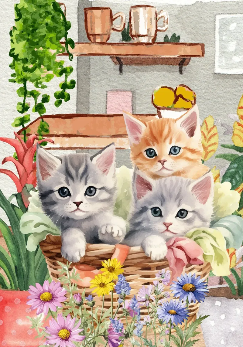 Gattini acquerellati in cesto con fiori poster con telaio in alluminio da Berwies Artwork
