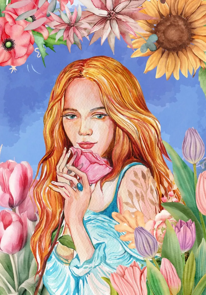 Ritratto di donna ad acquerello con cornice floreale poster con telaio in alluminio da Berwies Artwork