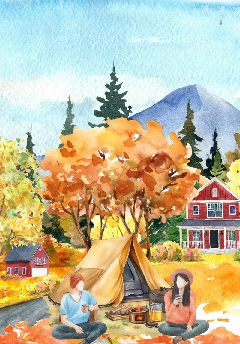 Pittura ad acquerello del campeggio autunnale poster con telaio in alluminio da Berwies Artwork