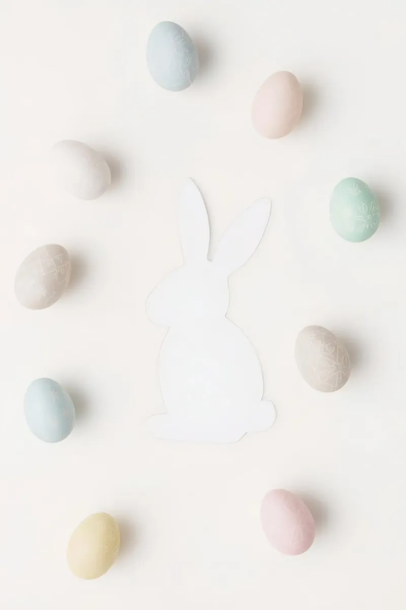 Uova di Pasqua e silhouette di coniglietto su sfondo bianco poster con telaio in legno da DesignDoodle