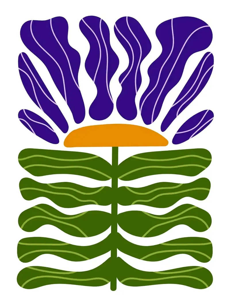 Illustrazione astratta di fiori viola e verdi poster con telaio in alluminio da Sabine Klein