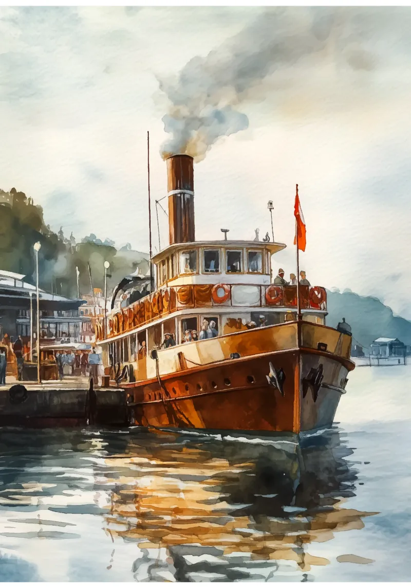 Dampfschiff im Hafenleben Leinwand mit Schattenfugenrahmen von pixelbull - medieval art and more