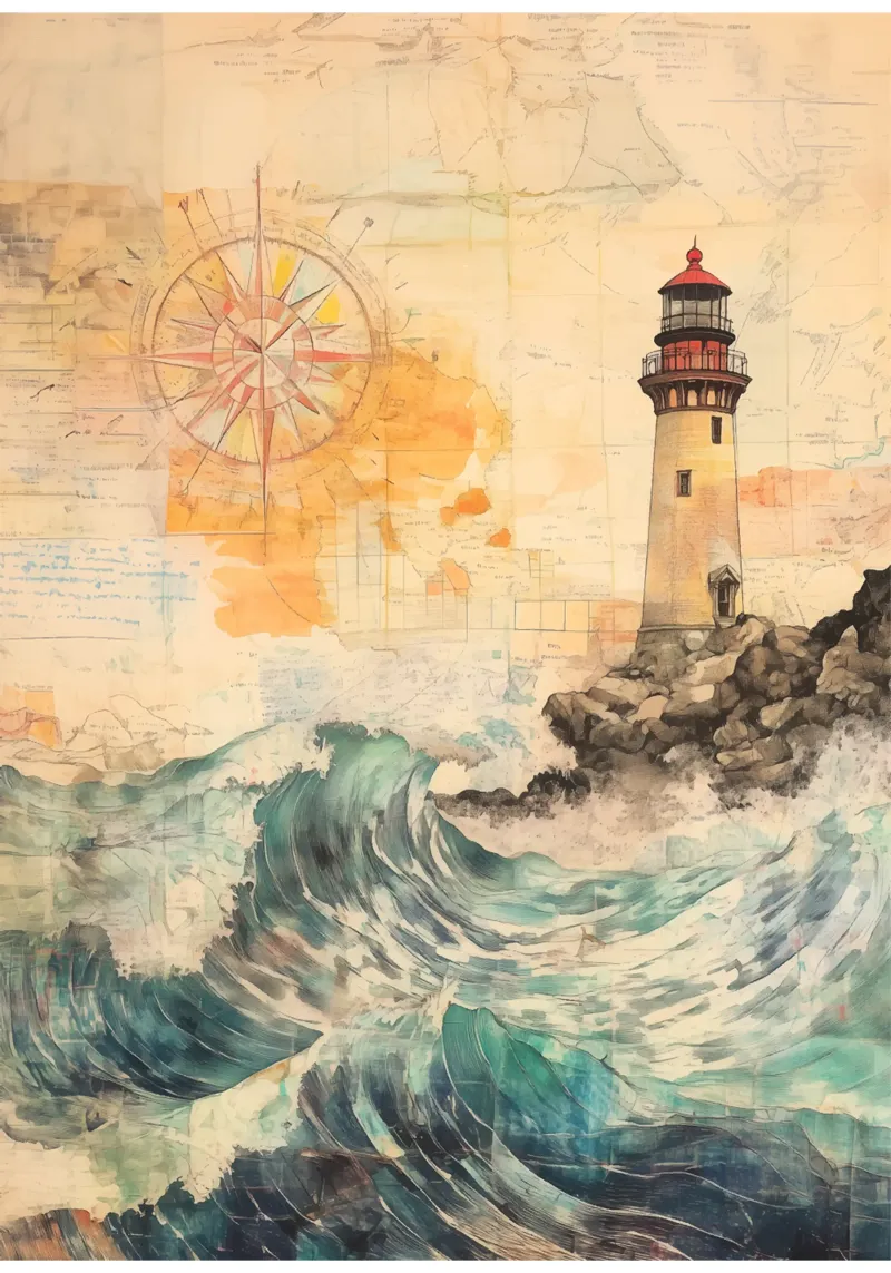Beacon above roaring waves canvas with Floater frame by pixelbull - medieval art and more