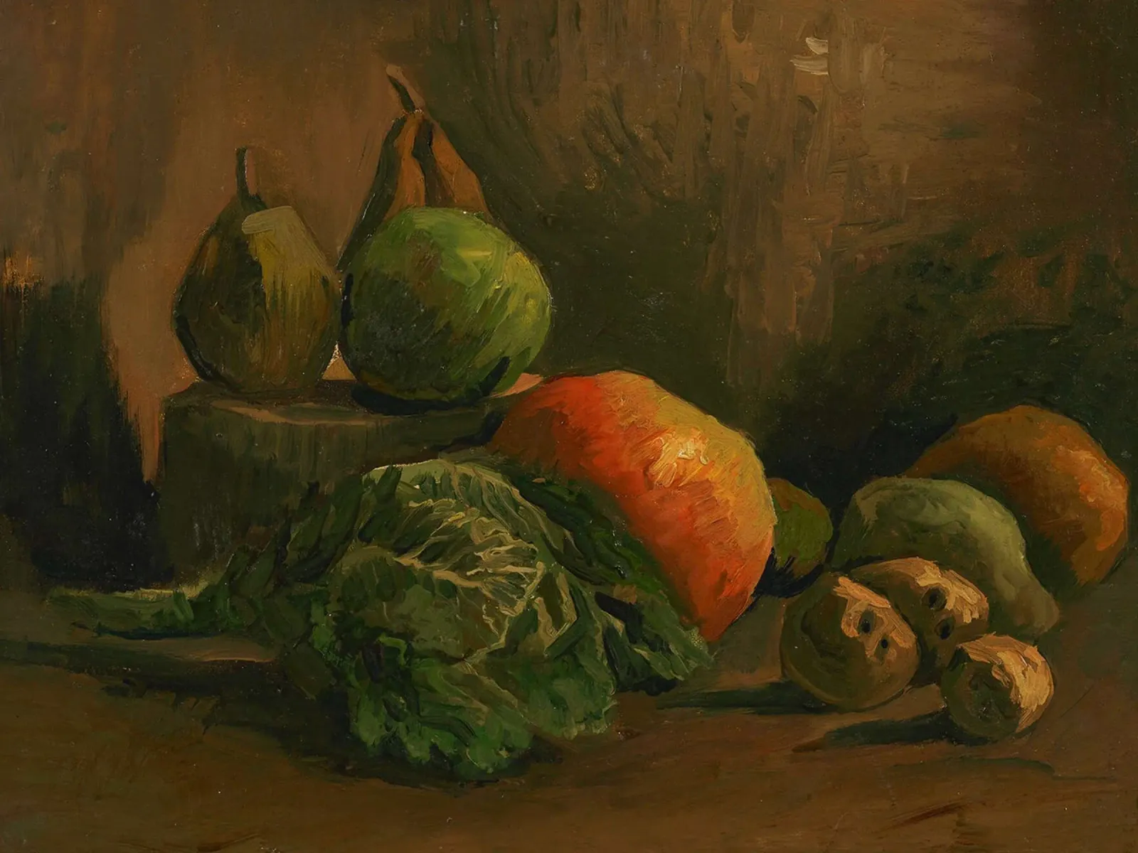 Natura morta di frutta e verdura, 1884 poster con telaio in legno da Christopher Soto