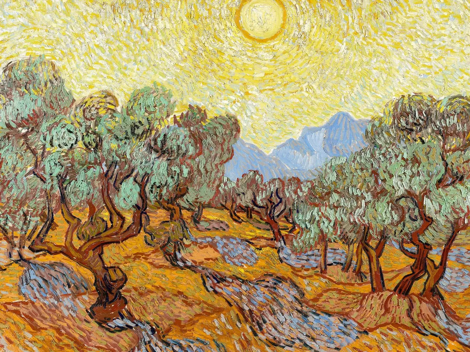 Alberi di ulivo con cielo e sole giallo poster con telaio in legno da Christopher Soto