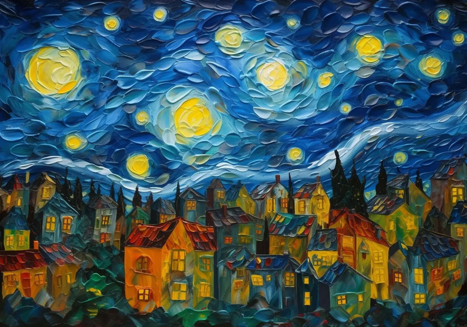 Notte stellata sulla città di Michael artefatti poster con telaio in alluminio da Christopher Soto