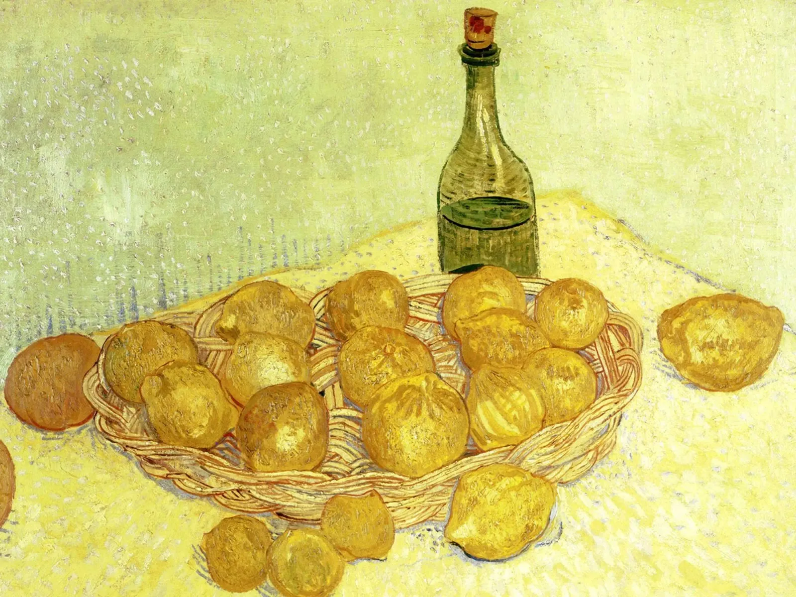 Natura morta con bottiglia, limoni e arance poster con telaio in alluminio da Christopher Soto