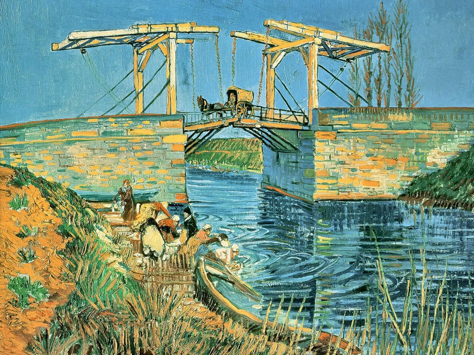 Il ponte di Langlois ad Arles con le lavandaie poster con telaio in alluminio da Christopher Soto