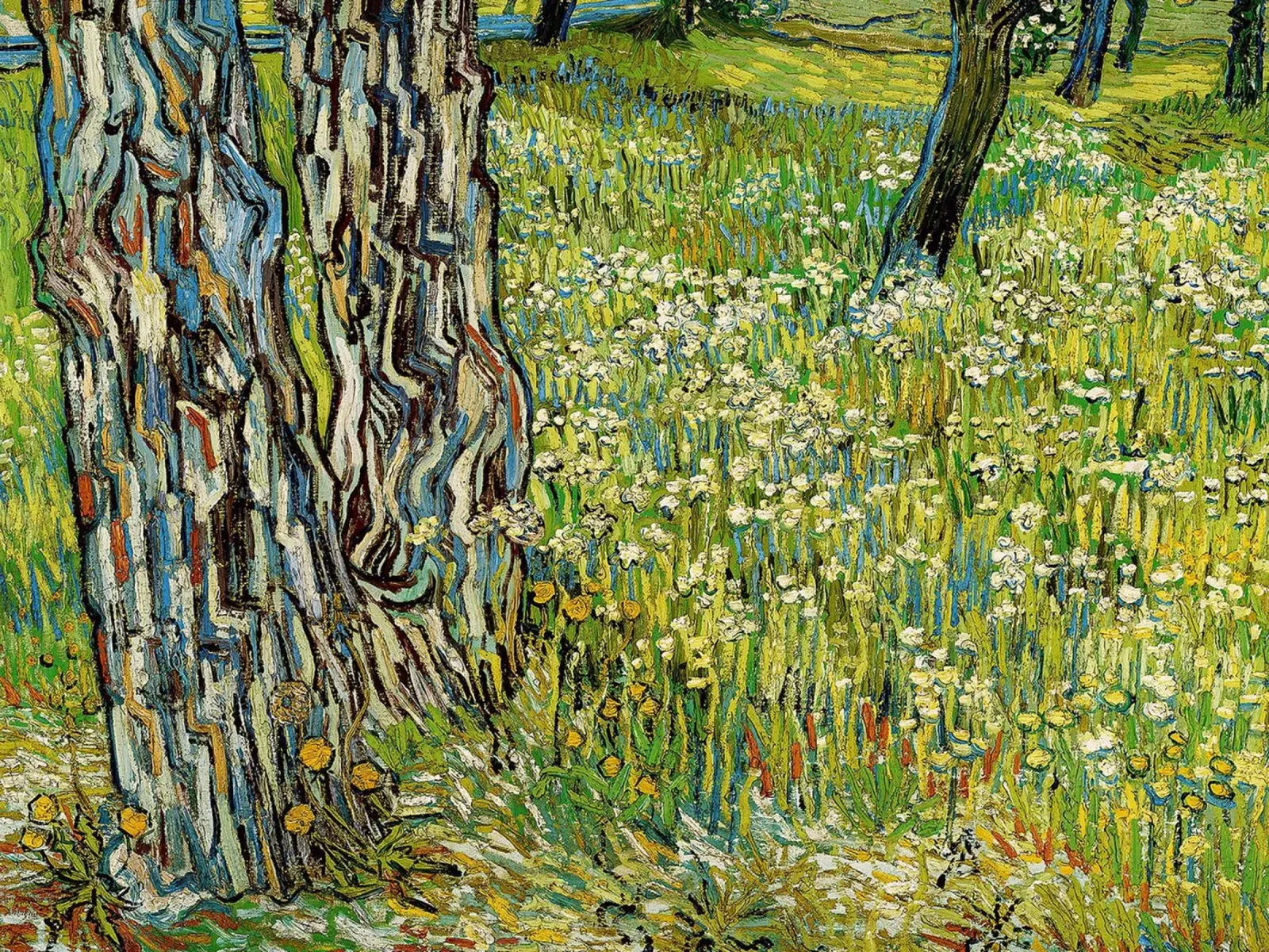 Tronchi d'albero nell'erba, 1890 poster con telaio in alluminio da Christopher Soto
