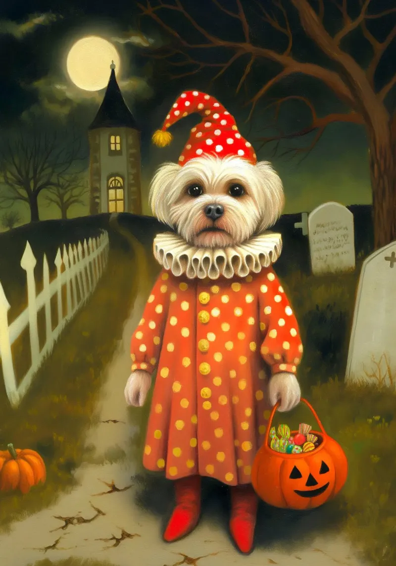Halloween Hund Clown Trick oder behandeln Leinwand mit Schattenfugenrahmen von Fleur de Lys
