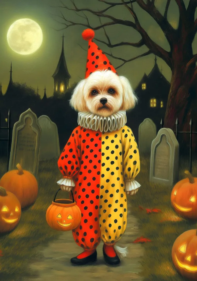 Clown cane spettrale di Hallowen con borsa per dolcetto o scherzetto poster con telaio in legno da Stellar Creative