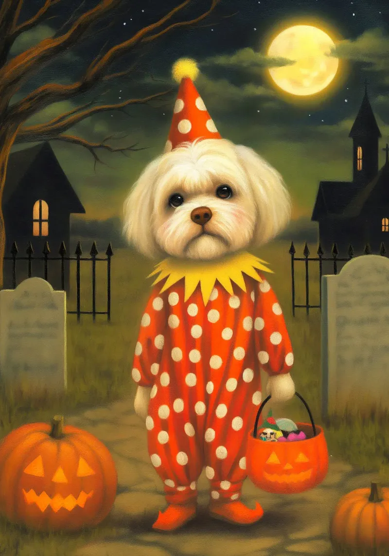 Clown cane spettrale di Hallowen con borsa per dolcetto o scherzetto poster da Stellar Creative