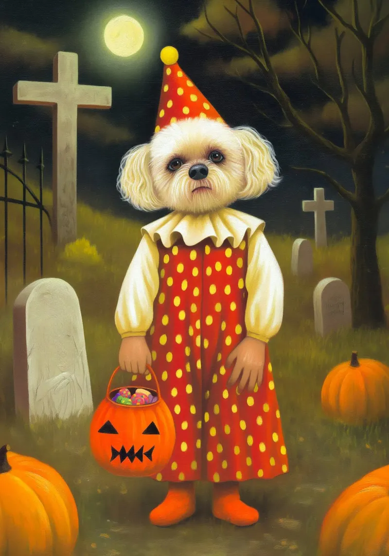 Clown cane spettrale di Hallowen con borsa per dolcetto o scherzetto poster con telaio in legno da Stellar Creative