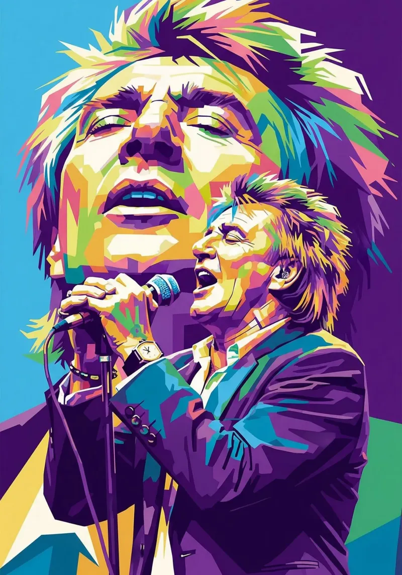 Ritratto pop art di Rod Stewart poster con telaio in legno da Hantamrata