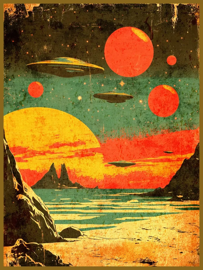 Visitare una spiaggia cosmica poster con telaio in legno da David Müller