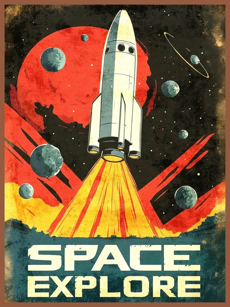 Poster du lancement d'une fusée spatiale poster avec cadre en bois de David Müller