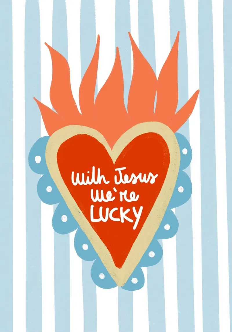 Con Jesús tenemos suerte - Folk Art Póster Sagrado Corazón lienzo con Marco flotante de vintagepod