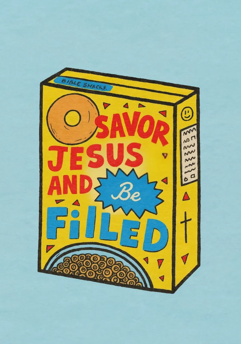Geniet van Jezus en raak vervuld - cornflakes doos Art canvas met Baklijst van vintagepod