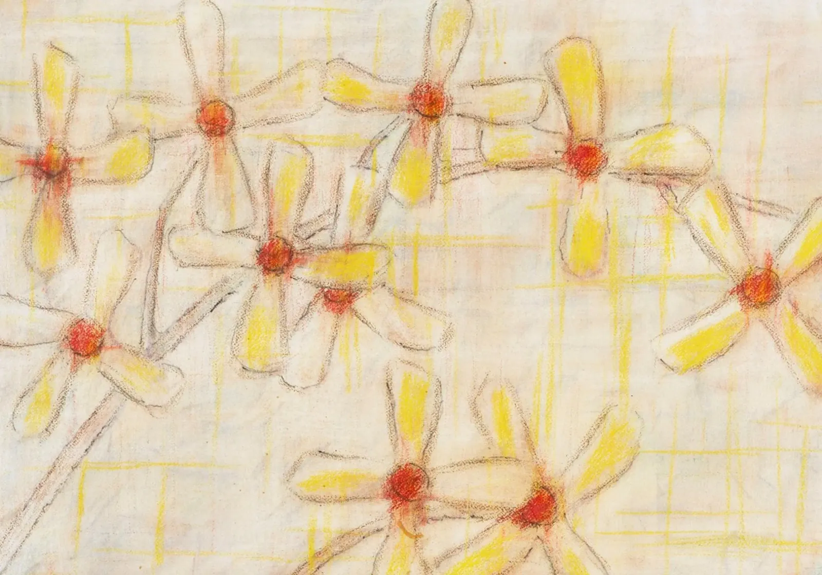 Bloemen Schets Poster: Gele Bloemen Pasteltekening canvas met Baklijst van vintagepod