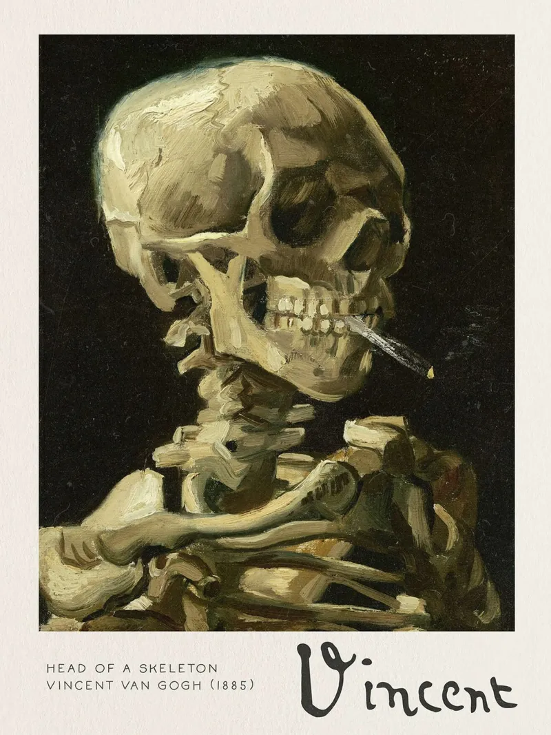 Testa di scheletro con sigaretta accesa, 1885 poster con telaio in alluminio da Christopher Soto