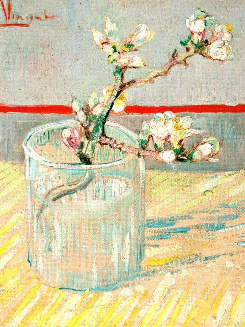 Zweig einer blühenden Mandelblüte in einem Glas, 1888 Poster mit Kunststoffrahmen von Christopher Soto