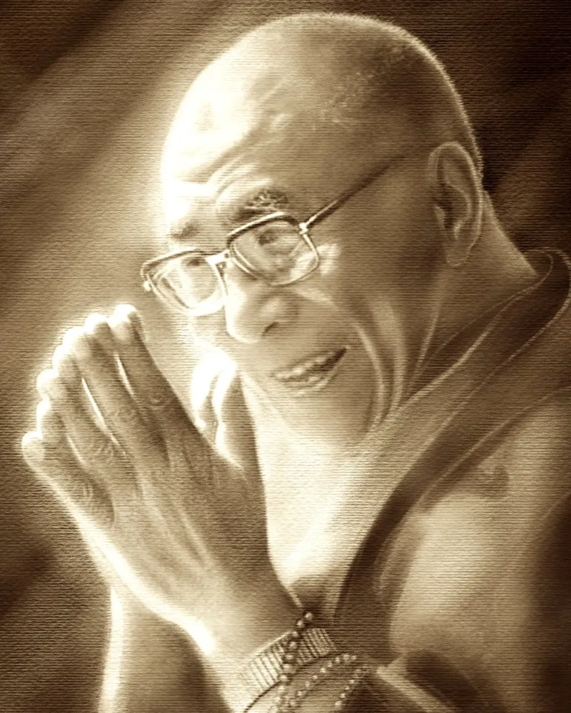 HH Dalai Lama, in preghiera per il mondo poster con telaio in alluminio da Happy 😃 Art 🎨 by Christine Schnoell