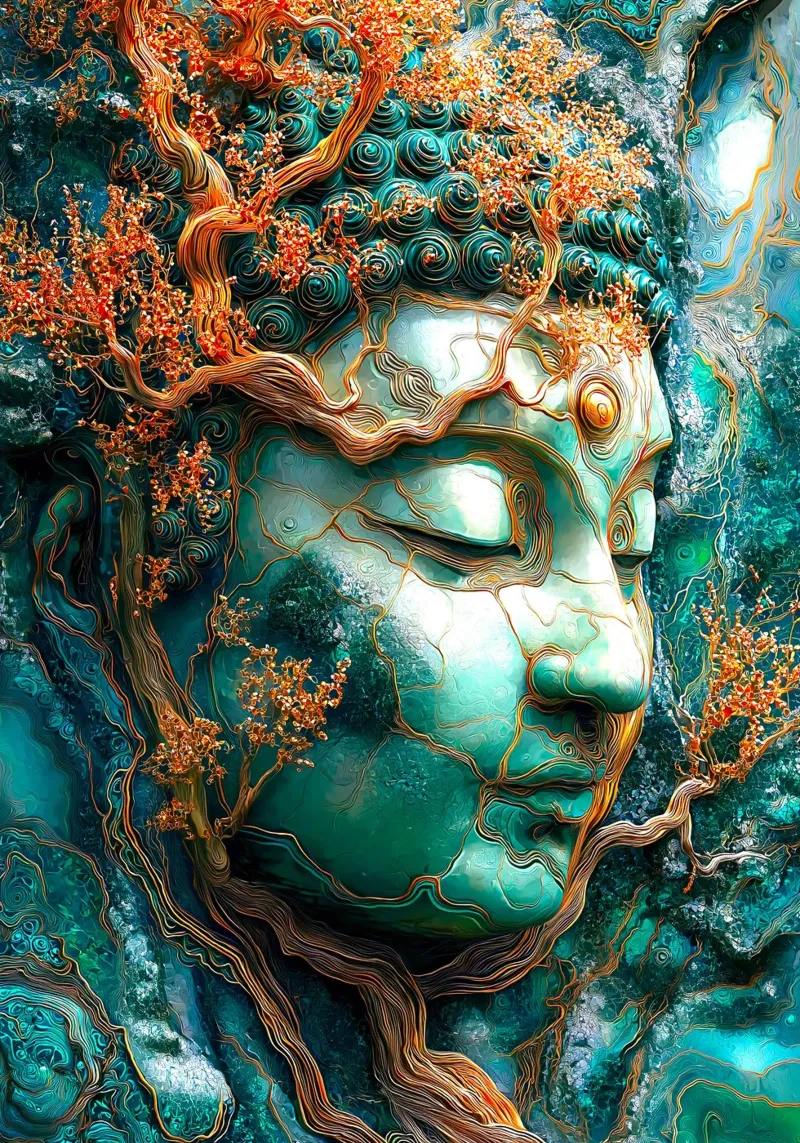 Buddha di smeraldo d'oro poster con telaio in legno da Fleur de Lys