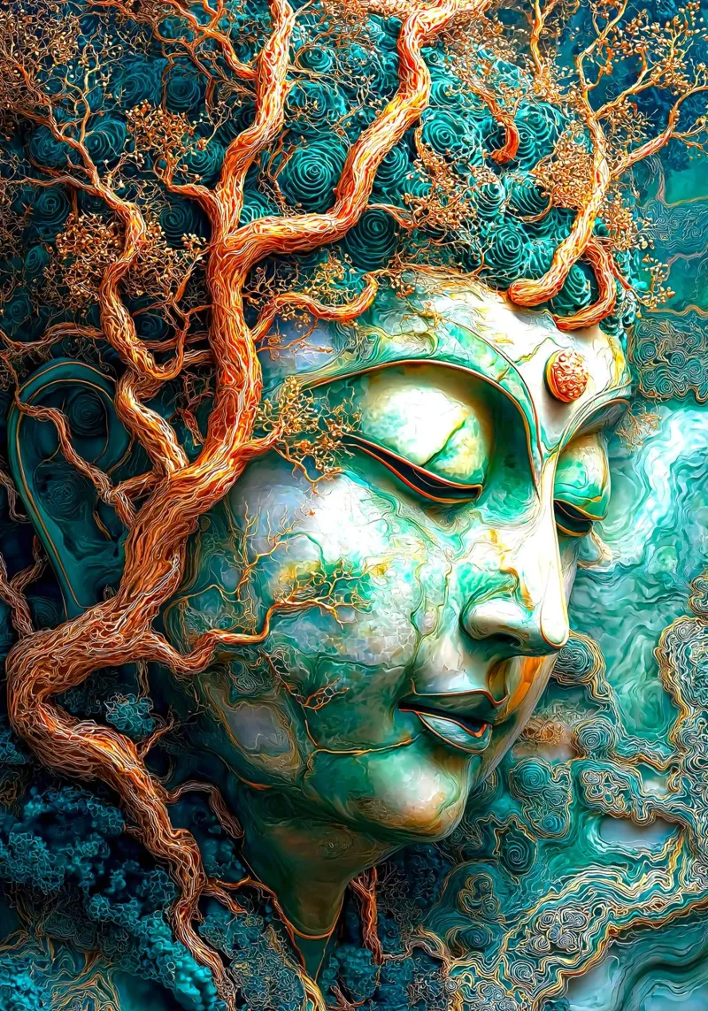 Buddha di smeraldo d'oro poster con telaio in plastica da Fleur de Lys