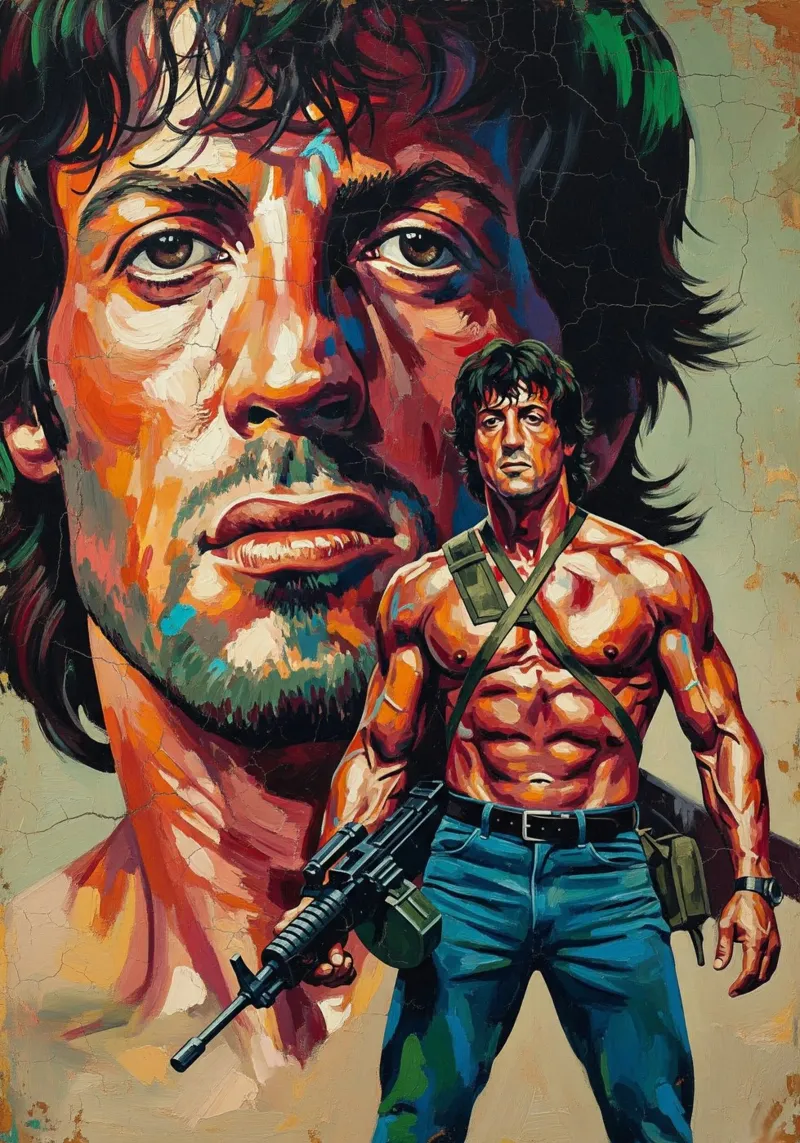 Sylvester Stallone - John Rambo abstract art poster with wooden frame by Lembayung art