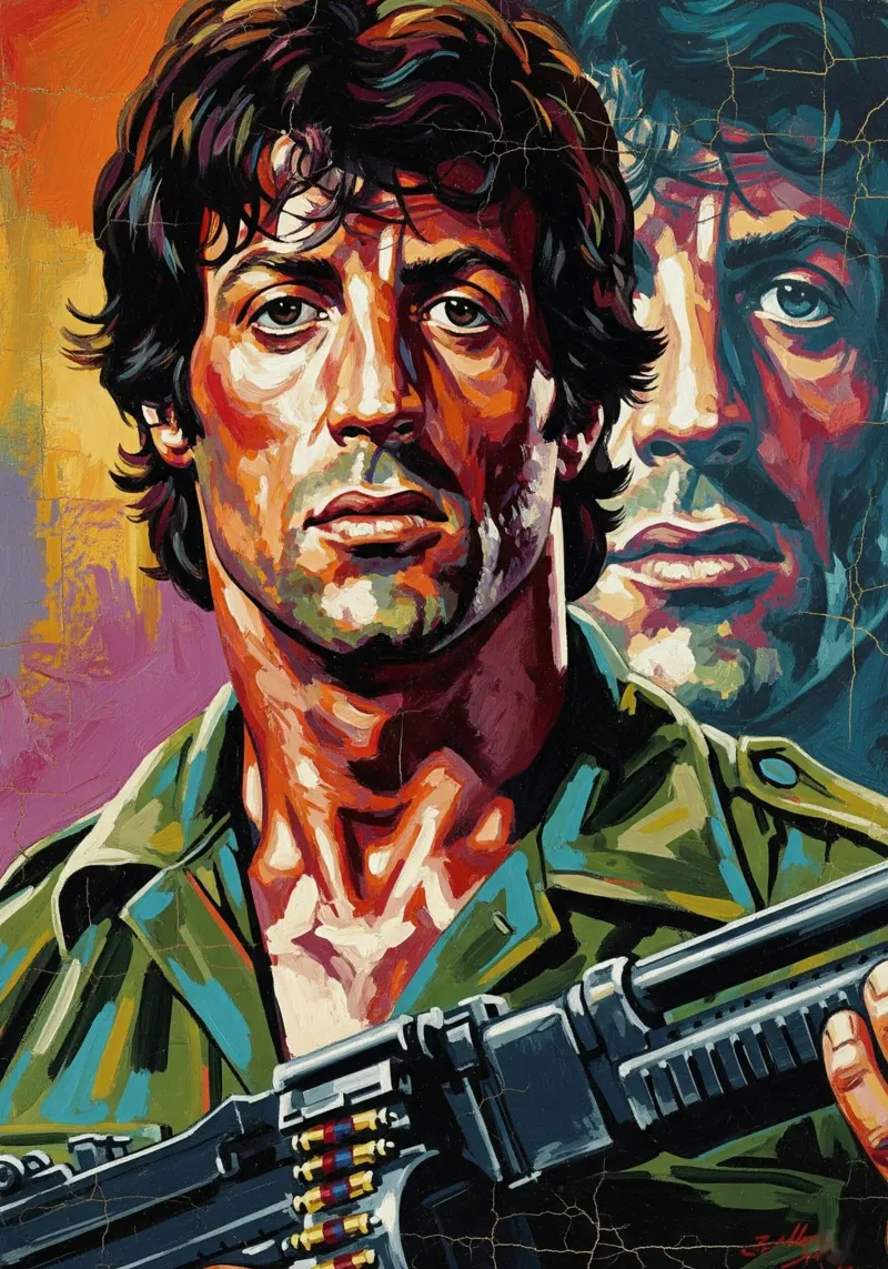 Sylvester Stallone nel ruolo di John Rambo poster con telaio in alluminio da Lembayung art