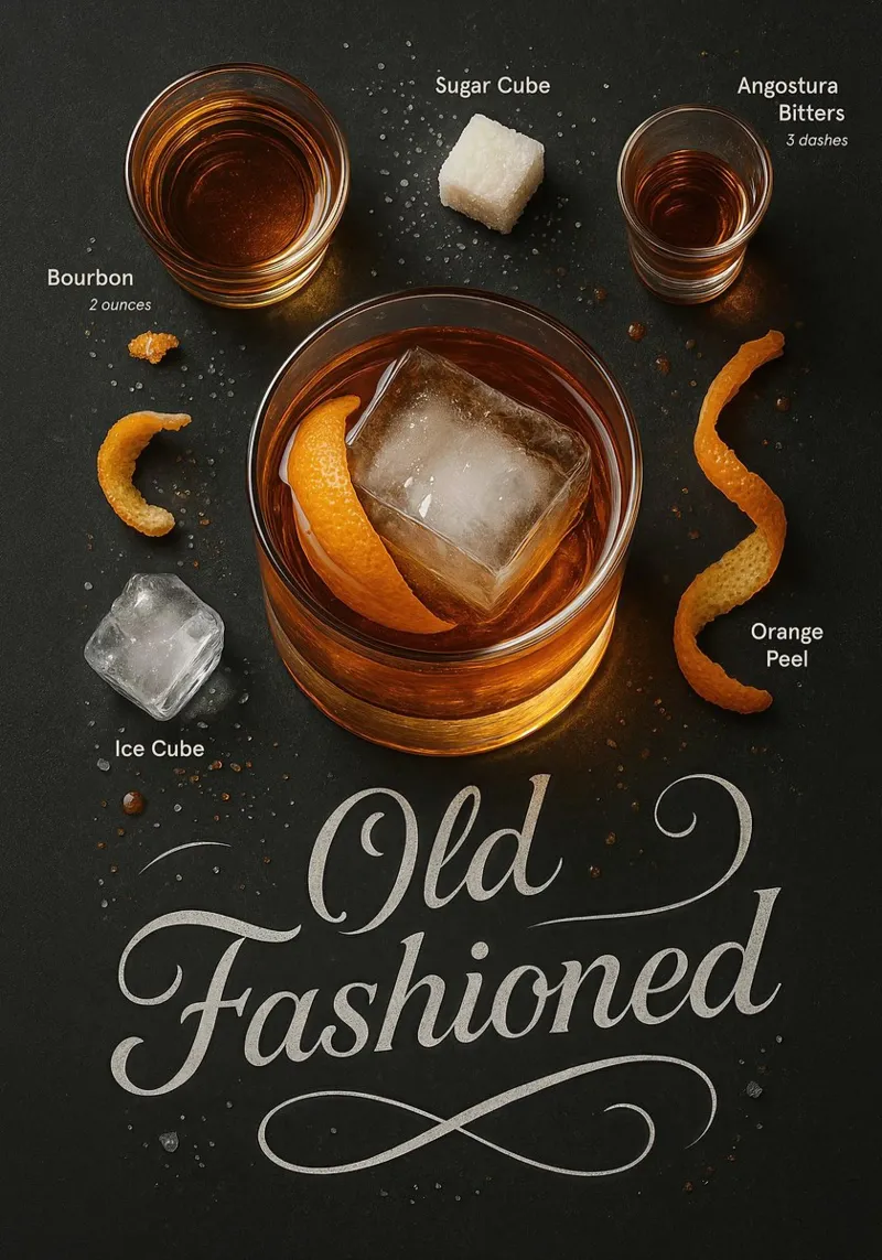 Old Fashioned Cocktail Poster - Whiskey, Sinaasappel, IJs canvas met Baklijst van mesa