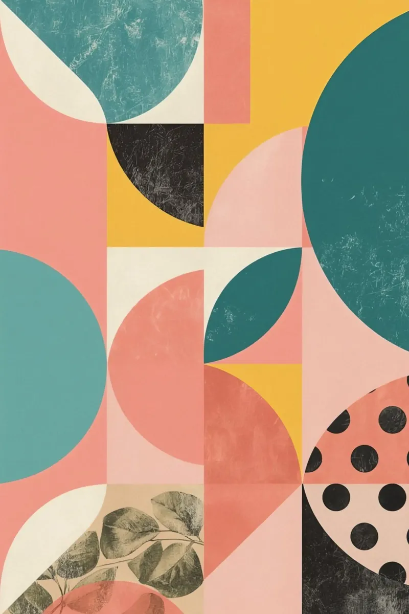 Abstract Geometric Pattern with Circles Squares and Leaf poster with plastic frame by DesignDoodle