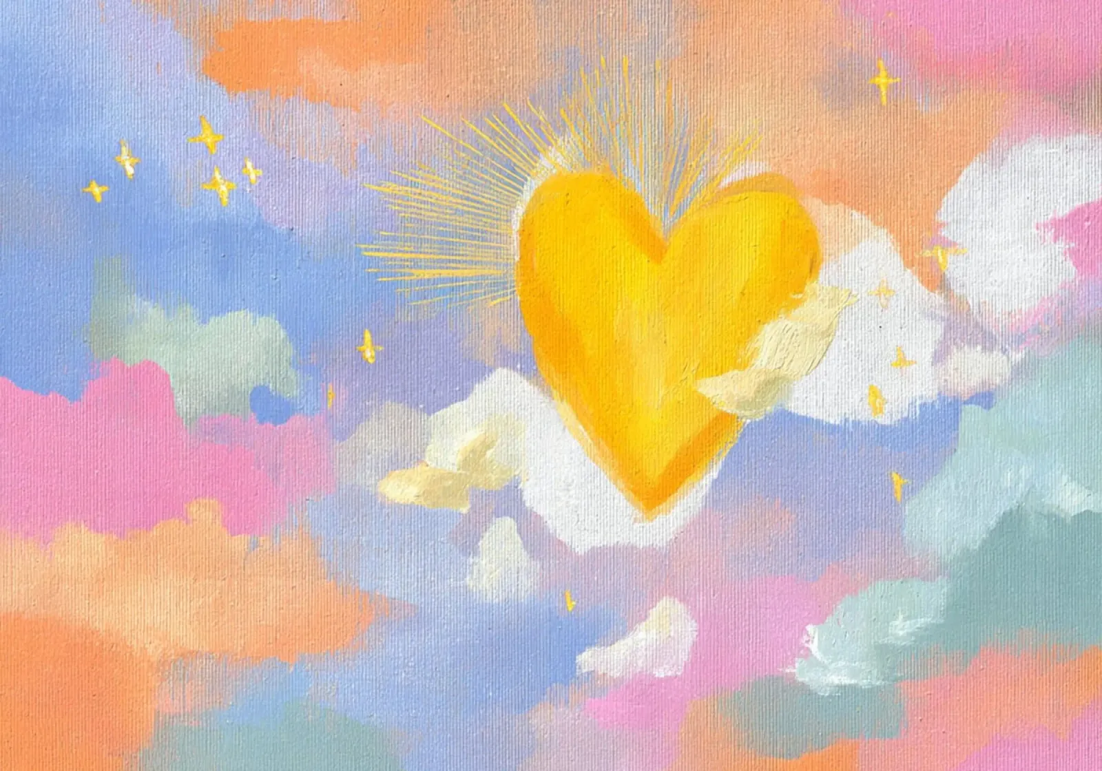 Stralend hart in pastelkleurige wolken Esthetisch schilderij canvas met Baklijst van vintagepod