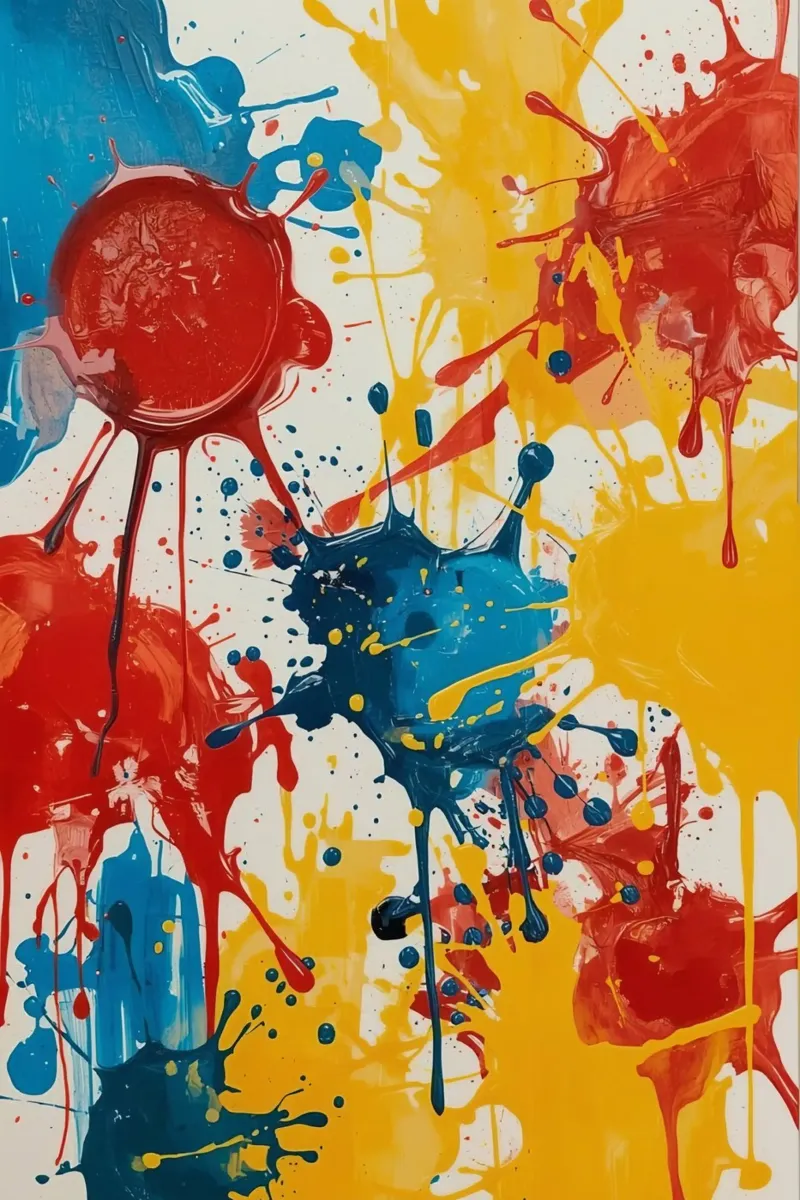 Peinture abstraite d'éclaboussures de peinture rouge, jaune et bleue toile avec Caisse américaine de DesignDoodle