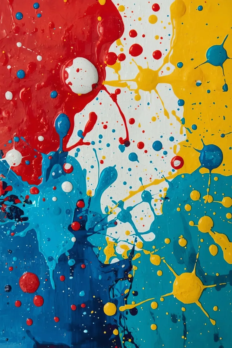 Abstract schilderij met rood geel blauw en witte verfvlek canvas met Baklijst van DesignDoodle