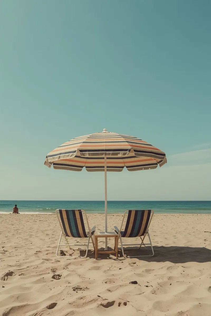 Sedie da spiaggia e ombrellone sulla spiaggia di sabbia poster con telaio in alluminio da DesignDoodle