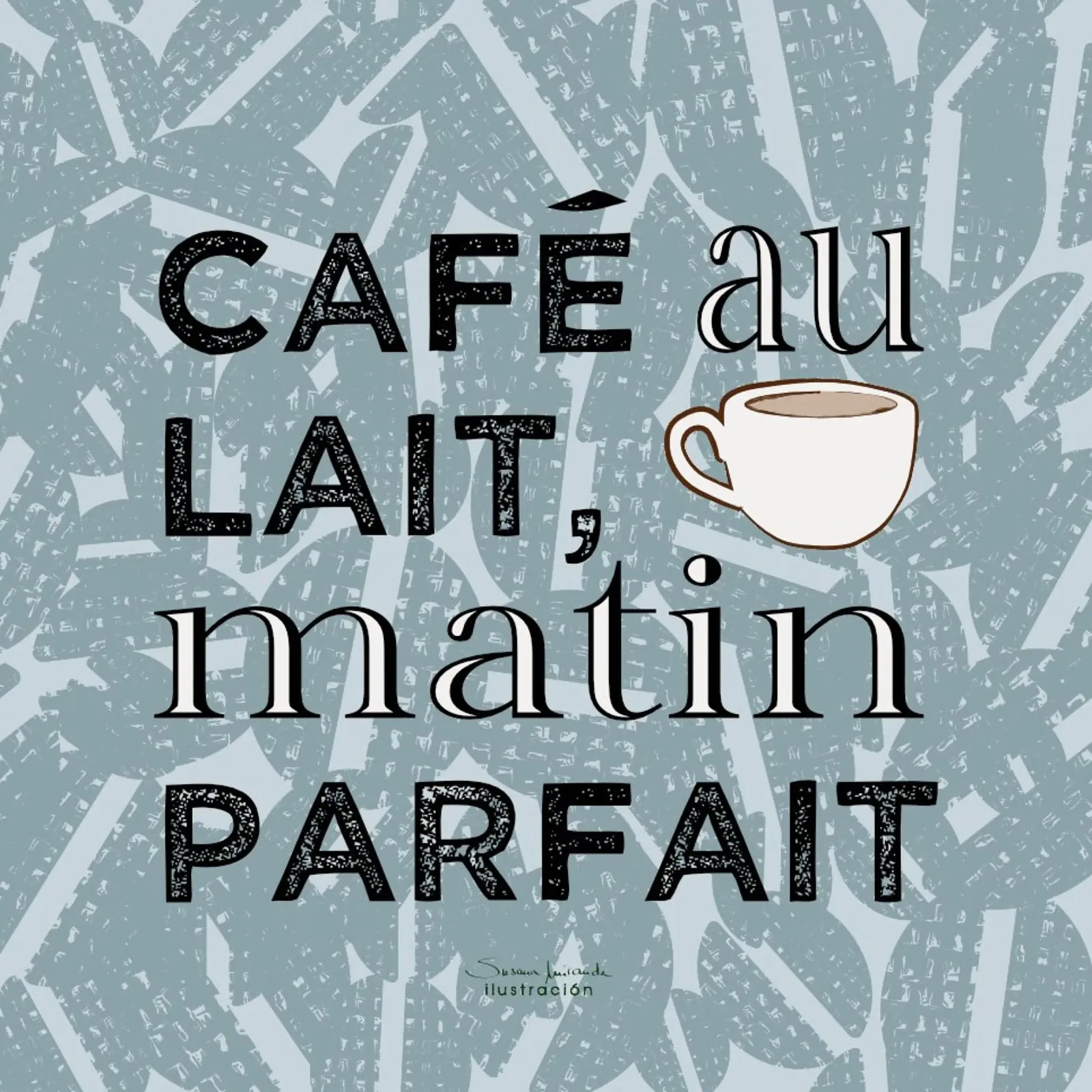 Café au lait - impression d'art sur le café dans les tons bleus avec grain de café poster avec cadre en aluminium de Art by Susana Miranda ilustración