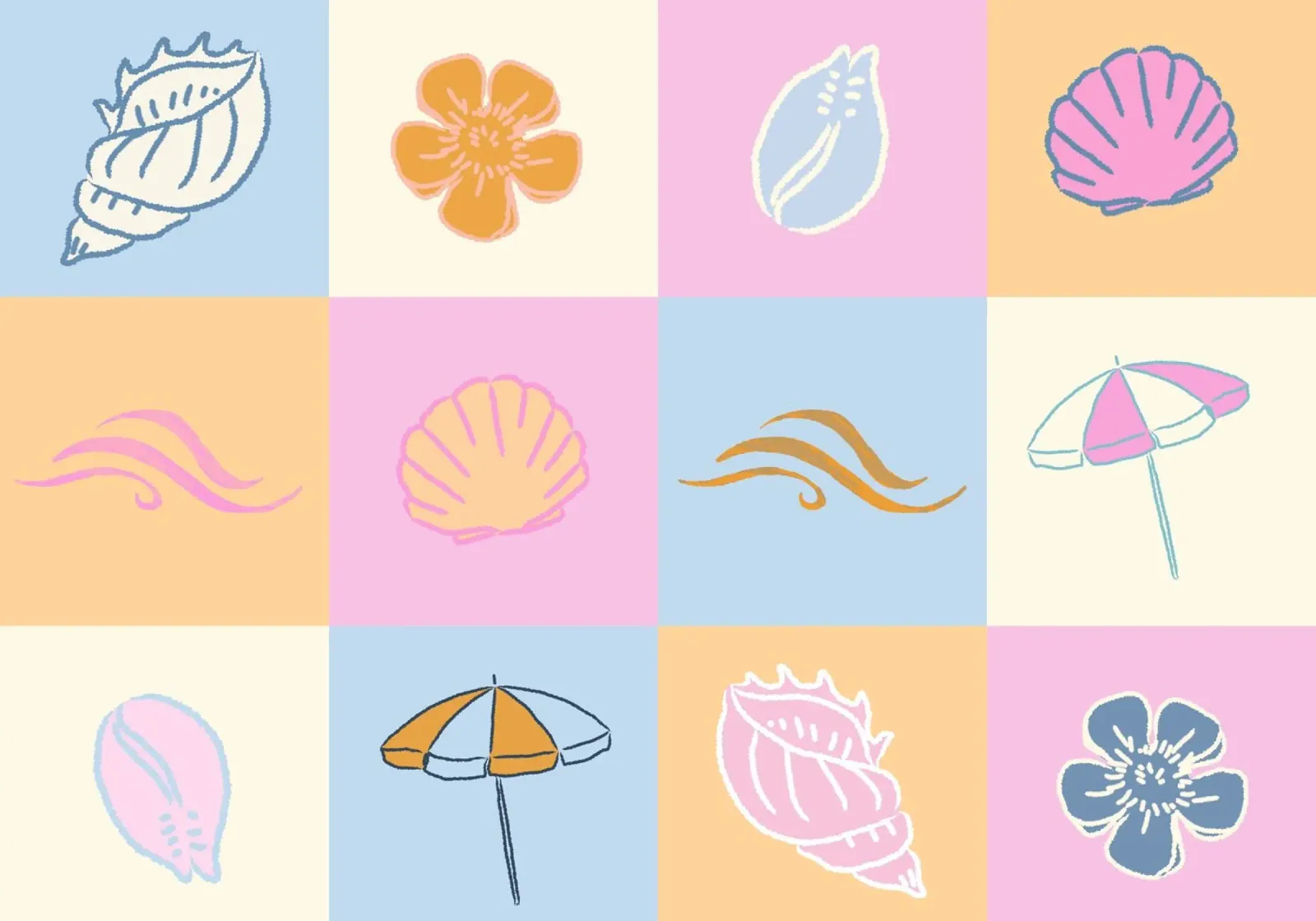 Icone da spiaggia in pastello, stampa d'arte moderna di metà secolo poster con telaio in plastica da dawnthesea
