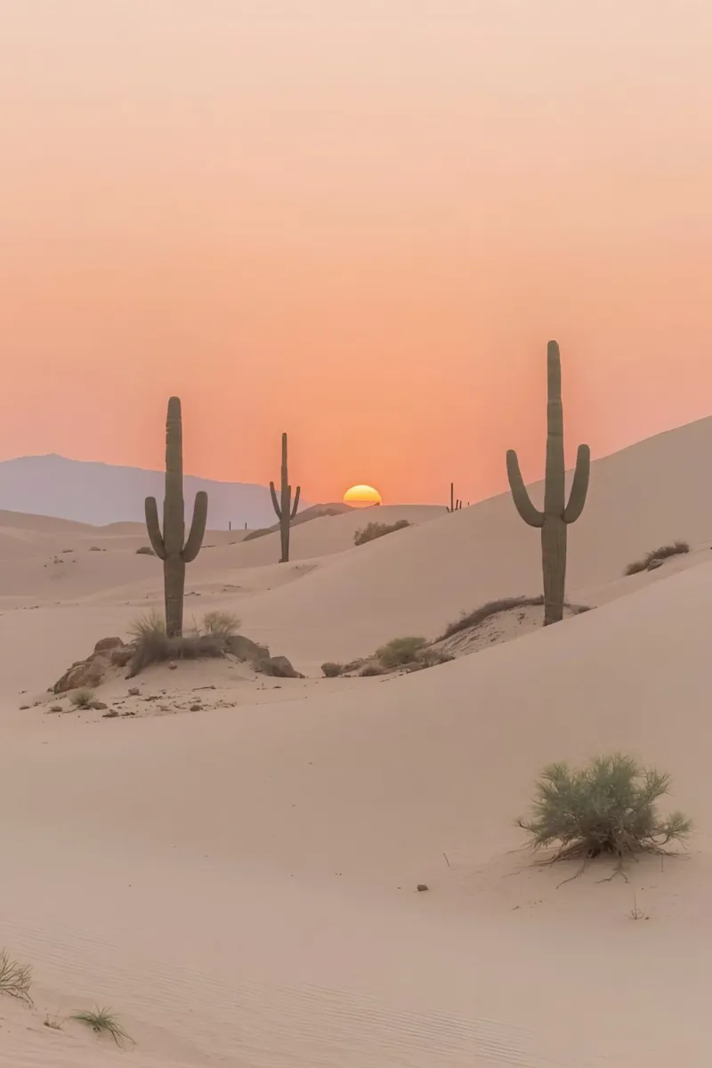 Paesaggio desertico con dune di cactus Saguaro e tramonto poster con telaio in plastica da DesignDoodle