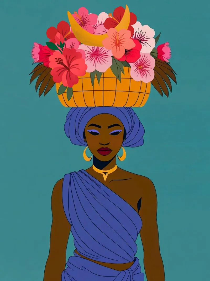 Ragazza africana in fiore poster con telaio in legno da Taika Tori Art
