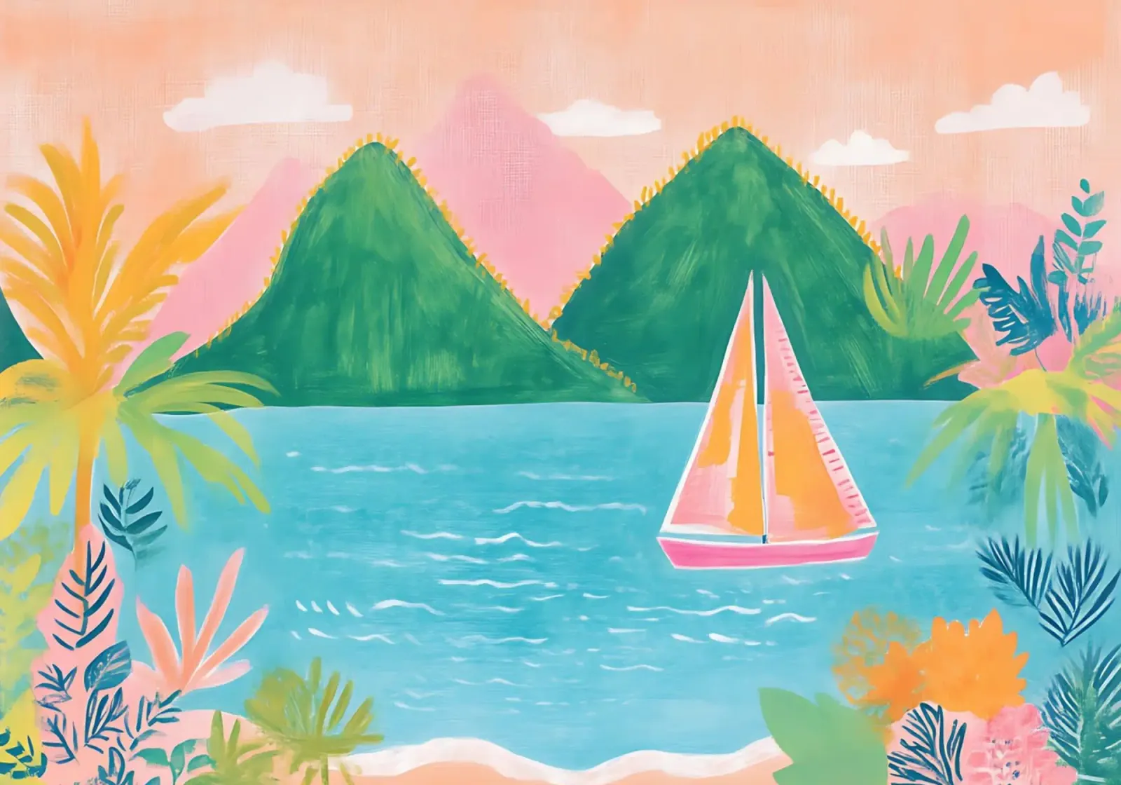 Tropisch zeilen, Boheemse kust, Zeilboot kunst canvas met Baklijst van vintagepod