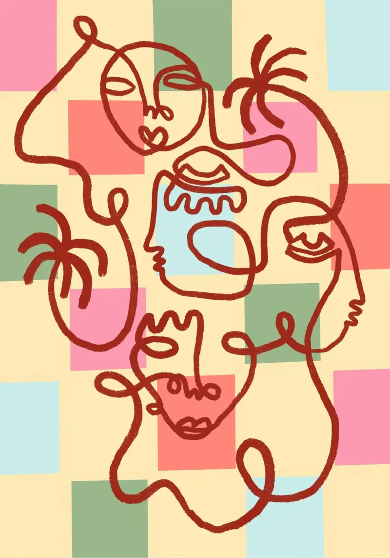 Abstract Line Art Faces, Bohemian Art Print canvas with Floater frame by vintagepod