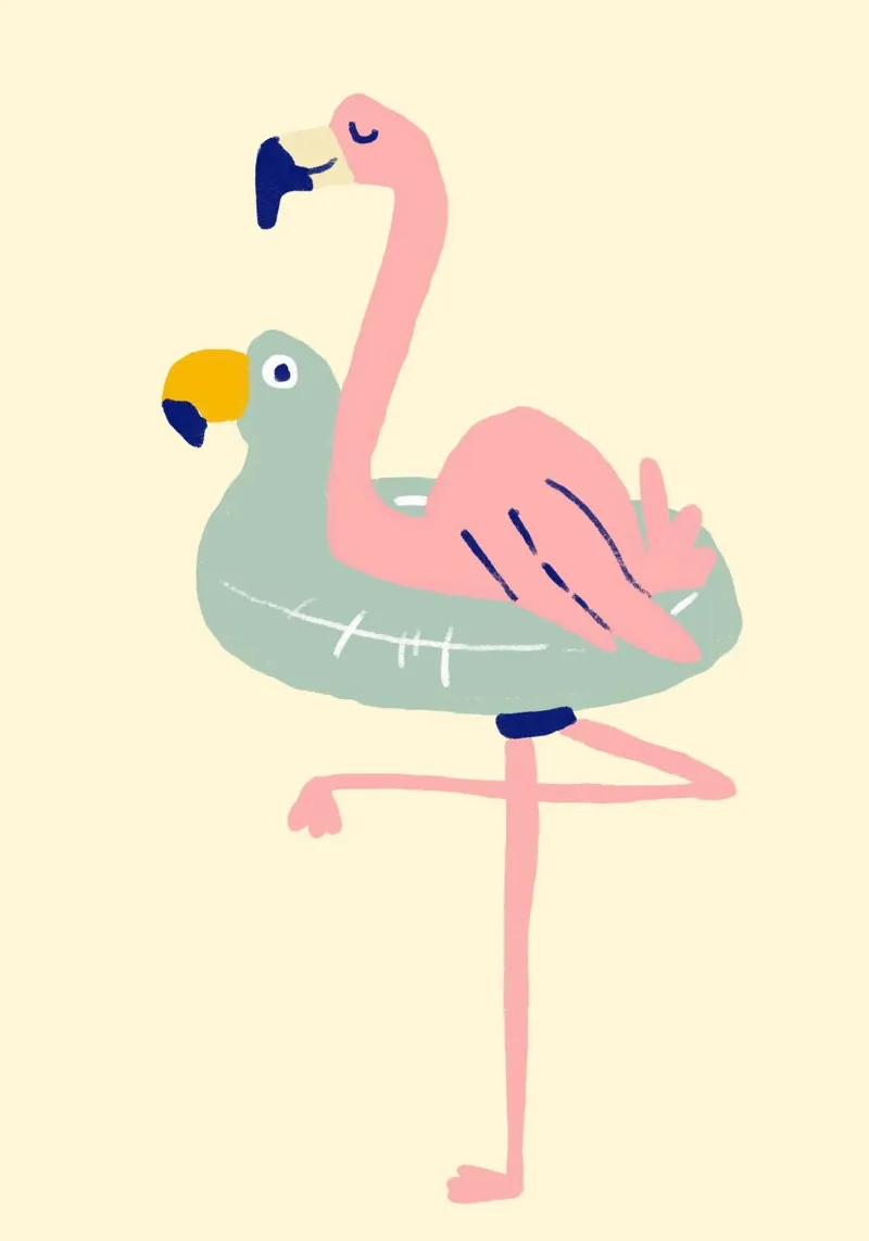 Flamingo on Float, Quirky Summer Art canvas with Floater frame by dawnthesea