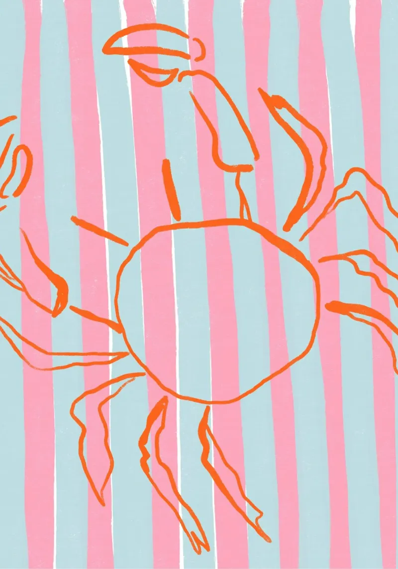 Gestreepte krab, minimalistische kustkunst, Retroprint canvas met Baklijst van dawnthesea