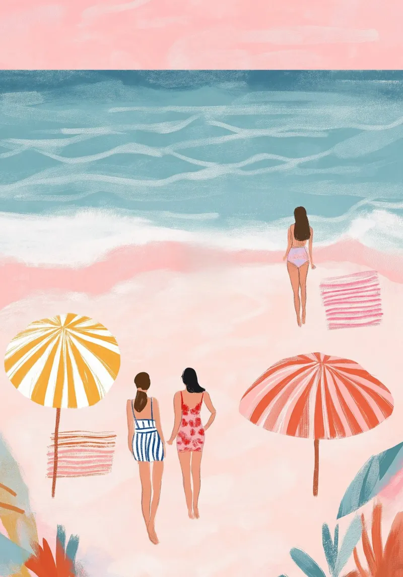 Scena retrò sulla spiaggia, sabbia rosa, arte estiva poster con telaio in plastica da dawnthesea